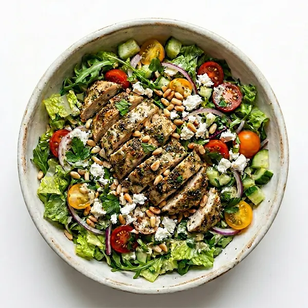 Lebanese Zaatar Chicken Salad With Tossed Pinenuts & Cheese